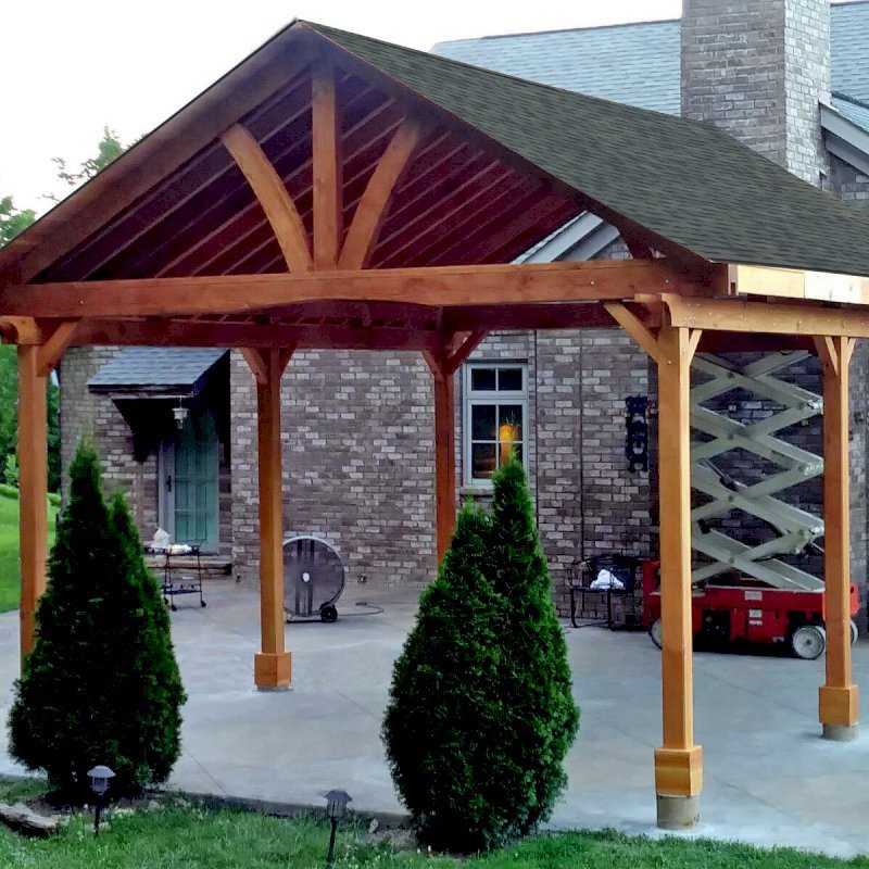 Del Norte Outdoor Kitchen Pavilion (Options: 22' L x 18' W, California Redwood, Unattached, 6-Post Kit for High Wind, Electrical Wiring Trim for 1 Post, 9' Posts, No Ceiling Fan Base, No Privacy Panels, No Curtain Rods, Transparent Premium Sealant). Shingles not Included. Photo Courtesy of D. Telley of Franklin, Tennessee. Del Norte Outdoor Kitchen Pavilion (Options: 22' L x 18' W, California Redwood, Unattached, 6-Post Kit for High Wind, Electrical Wiring Trim for 1 Post, 9' Posts, No Ceiling Fan Base, No Privacy Panels, No Curtain Rods, Transparent Premium Sealant). Shingles not Included. Photo Courtesy of D. Telley of Franklin, Tennessee.
