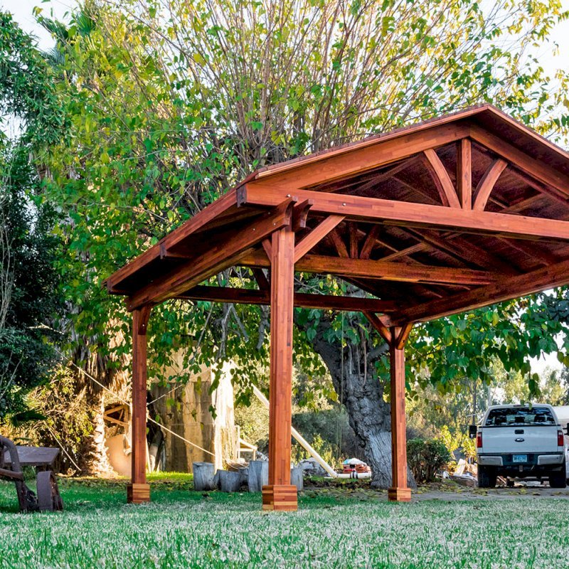 Del Norte Outdoor Kitchen Pavilion (Options: 16' L x 14' W, Mosaic Eco-Wood, 4-Post Kit for Gale-Wind, No Ceiling Fan Base, No Electrical Wiring Trim Kit, No Post Decorative Trims, Transparent Premium Sealant). Del Norte Outdoor Kitchen Pavilion (Options: 16' L x 14' W, Mosaic Eco-Wood, 4-Post Kit for Gale-Wind, No Ceiling Fan Base, No Electrical Wiring Trim Kit, No Post Decorative Trims, Transparent Premium Sealant).