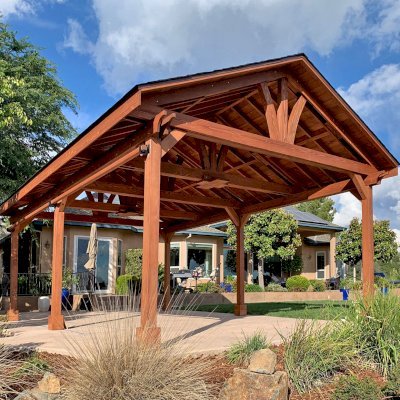 Del Norte Outdoor Kitchen Pavilion (Options: 25' L x 18' W, Douglas-fir, 6-Post Kit for High-Wind, 2 Ceiling Fan Bases, 1 Electrical Wiring Trim Kit, No Post Decorative Trims, Coffee-Stain Premium Sealant). Photo Courtesy of D. Tornincasa of Placerville, California.