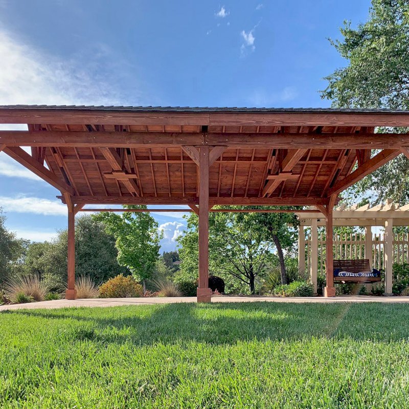 Del Norte Outdoor Kitchen Pavilion (Options: 25' L x 18' W, Douglas-fir, 6-Post Kit for High-Wind, 2 Ceiling Fan Bases, 1 Electrical Wiring Trim Kit, No Post Decorative Trims, Coffee-Stain Premium Sealant). Photo Courtesy of D. Tornincasa of Placerville, California. Del Norte Outdoor Kitchen Pavilion (Options: 25' L x 18' W, Douglas-fir, 6-Post Kit for High-Wind, 2 Ceiling Fan Bases, 1 Electrical Wiring Trim Kit, No Post Decorative Trims, Coffee-Stain Premium Sealant). Photo Courtesy of D. Tornincasa of Placerville, California.