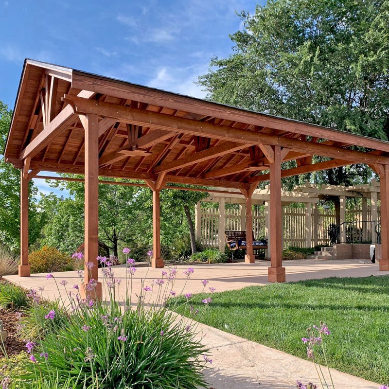 Del Norte Outdoor Kitchen Pavilion (Options: 25' L x 18' W, Douglas-fir, 6-Post Kit for High-Wind, 2 Ceiling Fan Bases, 1 Electrical Wiring Trim Kit, No Post Decorative Trims, Coffee-Stain Premium Sealant). Photo Courtesy of D. Tornincasa of Placerville, California. Del Norte Outdoor Kitchen Pavilion (Options: 25' L x 18' W, Douglas-fir, 6-Post Kit for High-Wind, 2 Ceiling Fan Bases, 1 Electrical Wiring Trim Kit, No Post Decorative Trims, Coffee-Stain Premium Sealant). Photo Courtesy of D. Tornincasa of Placerville, California.