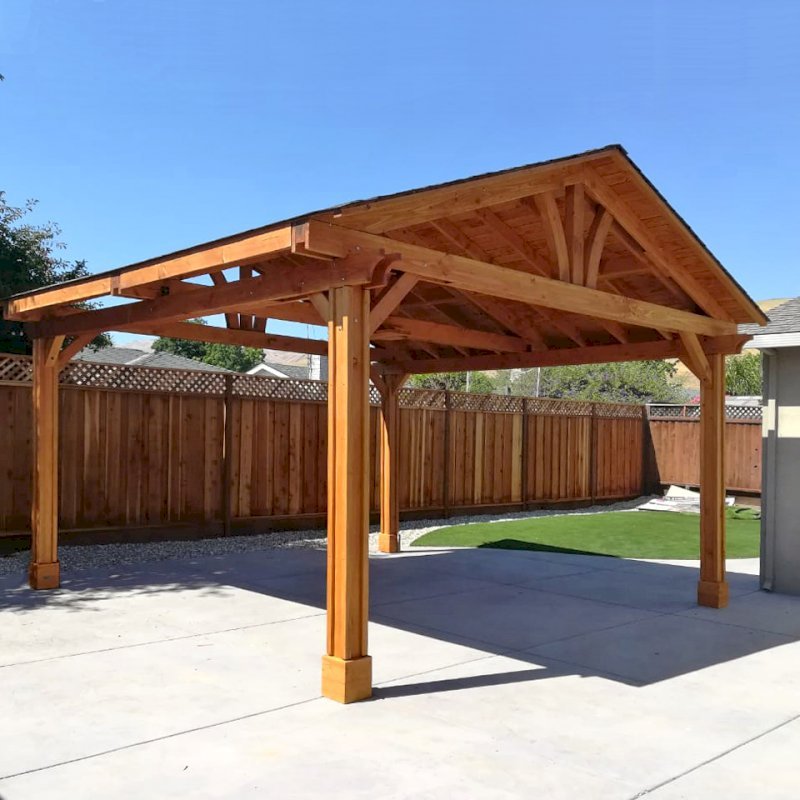 Del Norte Outdoor Kitchen Pavilion (Options: 18' L x 18' W, Douglas-fir, 4-Post Kit for Gale-Wind, 1 Ceiling Fan Base, No Electrical Wiring Trim Kit, Vertical Post Decorative Trims, Transparent Premium Sealant). Photo Courtesy of E. Colbert of San Jose, California. Del Norte Outdoor Kitchen Pavilion (Options: 18' L x 18' W, Douglas-fir, 4-Post Kit for Gale-Wind, 1 Ceiling Fan Base, No Electrical Wiring Trim Kit, Vertical Post Decorative Trims, Transparent Premium Sealant). Photo Courtesy of E. Colbert of San Jose, California.