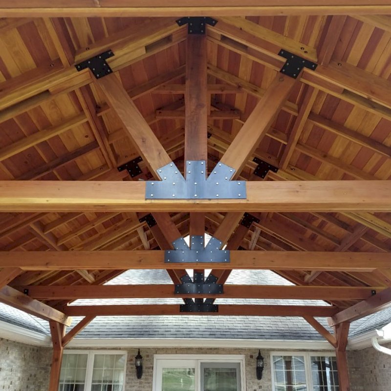 Del Norte Outdoor Kitchen Pavilion (Options: 26' L x 20' W, California Redwood, 6-Post Kit for Gale-Wind, 2 Ceiling Fan Bases, 2 Electrical Wiring Trim Kits, No Post Decorative Trims, Transparent Premium Sealant, with Custom Steel Plating). Roof pitch increased beyond standard amount by customer request. Photo Courtesy of G. Dalby of Knoxville , Tennessee. Del Norte Outdoor Kitchen Pavilion (Options: 26' L x 20' W, California Redwood, 6-Post Kit for Gale-Wind, 2 Ceiling Fan Bases, 2 Electrical Wiring Trim Kits, No Post Decorative Trims, Transparent Premium Sealant, with Custom Steel Plating). Roof pitch increased beyond standard amount by customer request. Photo Courtesy of G. Dalby of Knoxville , Tennessee.