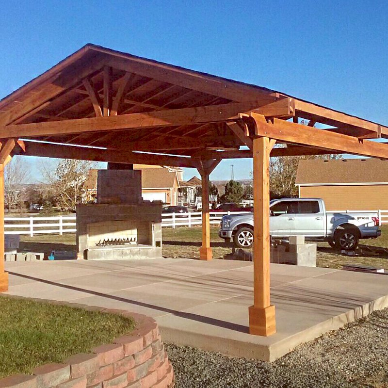 Del Norte Outdoor Kitchen Pavilion (Options: 22' L x 18' W, Douglas-fir, 4-Post Kit for Concrete, 1 Ceiling Fan Base, No Electrical Wiring Trim Kit, No Post Decorative Trim, Transparent Premium Sealant). Photo Courtesy of J. McDaniel of Brighton, Colorado. Del Norte Outdoor Kitchen Pavilion (Options: 22' L x 18' W, Douglas-fir, 4-Post Kit for Concrete, 1 Ceiling Fan Base, No Electrical Wiring Trim Kit, No Post Decorative Trim, Transparent Premium Sealant). Photo Courtesy of J. McDaniel of Brighton, Colorado.