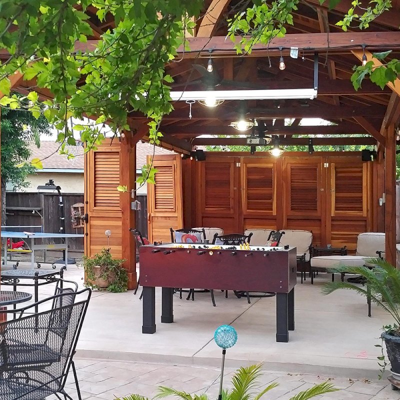 Del Norte Outdoor Kitchen Pavilion (Options: 25' L x 15' W, California Redwood, 6-Post Kit for Concrete, 4 Ceiling Fan Bases, 2 Electrical Wiring Trim Kits, No Post Decorative Trim, Custom Doors with Louvers & Shutters, Transparent Premium Sealant). Photo Courtesy of J. Gil of San Jose, CA. Del Norte Outdoor Kitchen Pavilion (Options: 25' L x 15' W, California Redwood, 6-Post Kit for Concrete, 4 Ceiling Fan Bases, 2 Electrical Wiring Trim Kits, No Post Decorative Trim, Custom Doors with Louvers & Shutters, Transparent Premium Sealant). Photo Courtesy of J. Gil of San Jose, CA.