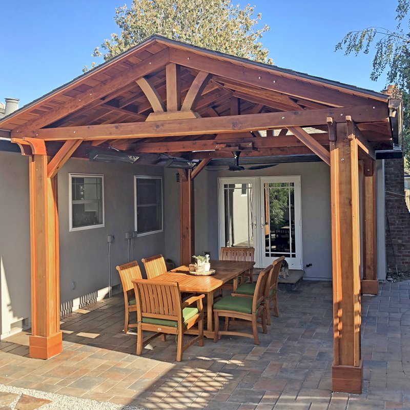 Del Norte Outdoor Kitchen Pavilion (Options: 14' L x 16' W, California Redwood, 4-Post Kit for Gale-Wind, 1 Ceiling Fan Base, 1 Electrical Wiring Trim Kit, Vertical Post Decorative Trims, Transparent Premium Sealant). Photo Courtesy of Louis DesPrez of San Jose, CA. Del Norte Outdoor Kitchen Pavilion (Options: 14' L x 16' W, California Redwood, 4-Post Kit for Gale-Wind, 1 Ceiling Fan Base, 1 Electrical Wiring Trim Kit, Vertical Post Decorative Trims, Transparent Premium Sealant). Photo Courtesy of Louis DesPrez of San Jose, CA.