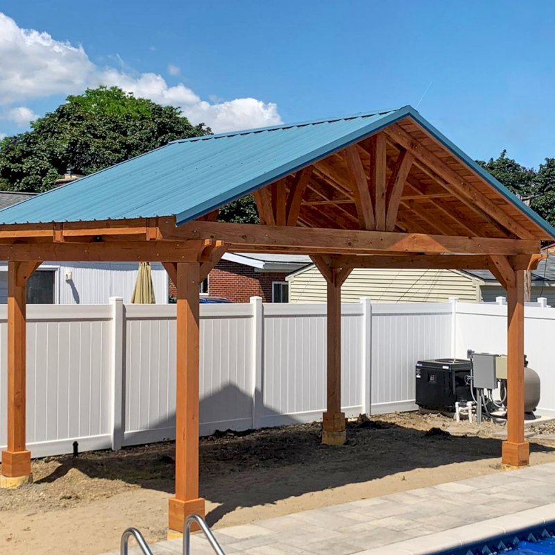 Del Norte Outdoor Kitchen Pavilion (Options: 12' L x 18' W, Douglas-fir, 4-Post Kit for Gale-Wind, With 2 Ceiling Fan Base, Electrical Wiring Trim Kit for 2 Posts, Transparent Premium Sealant). Metal Roof Installed by Customer. Photo courtesy of S. Bono of Royal Oak, Michigan. Del Norte Outdoor Kitchen Pavilion (Options: 12' L x 18' W, Douglas-fir, 4-Post Kit for Gale-Wind, With 2 Ceiling Fan Base, Electrical Wiring Trim Kit for 2 Posts, Transparent Premium Sealant). Metal Roof Installed by Customer. Photo courtesy of S. Bono of Royal Oak, Michigan.