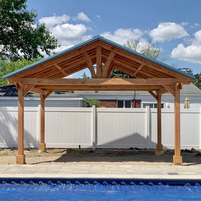 Del Norte Outdoor Kitchen Pavilion (Options: 12' L x 18' W, Douglas-fir, 4-Post Kit for Gale-Wind, With 2 Ceiling Fan Base, Electrical Wiring Trim Kit for 2 Posts, Transparent Premium Sealant). Metal Roof Installed by Customer. Photo courtesy of S. Bono of Royal Oak, Michigan. Del Norte Outdoor Kitchen Pavilion (Options: 12' L x 18' W, Douglas-fir, 4-Post Kit for Gale-Wind, With 2 Ceiling Fan Base, Electrical Wiring Trim Kit for 2 Posts, Transparent Premium Sealant). Metal Roof Installed by Customer. Photo courtesy of S. Bono of Royal Oak, Michigan.