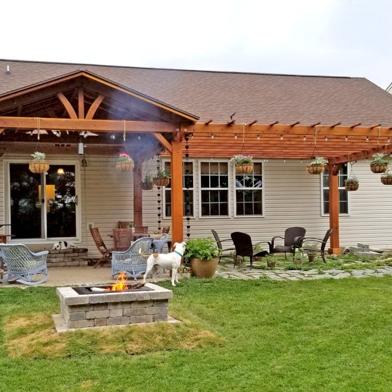 Del Norte Outdoor Kitchen Pavilion (Options: 18' L x 14' W, California Redwood, 6-Post Kit for Gale-Wind, No Ceiling Fan Bases, No Electrical Wiring Trim Kits, No Privacy Panels, No Post Decorative Trims, Transparent Premium Sealant). Garden Pergola Attached to the Pavilion. Photo Courtesy of T. Lee of Noblesville, Indiana. Del Norte Outdoor Kitchen Pavilion (Options: 18' L x 14' W, California Redwood, 6-Post Kit for Gale-Wind, No Ceiling Fan Bases, No Electrical Wiring Trim Kits, No Privacy Panels, No Post Decorative Trims, Transparent Premium Sealant). Garden Pergola Attached to the Pavilion. Photo Courtesy of T. Lee of Noblesville, Indiana.