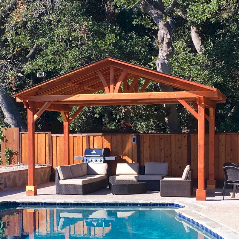 Del Norte Outdoor Kitchen Pavilion (Options: 11' L x 17' W, California Redwood, 4-Post Kit for Concrete, No Ceiling Fan Base, Transparent Premium Sealant). Roofing was still pending when shots taken just after assembly. Photo Courtesy of D. McCracken of Millbrae, CA. Del Norte Outdoor Kitchen Pavilion (Options: 11' L x 17' W, California Redwood, 4-Post Kit for Concrete, No Ceiling Fan Base, Transparent Premium Sealant). Roofing was still pending when shots taken just after assembly. Photo Courtesy of D. McCracken of Millbrae, CA.