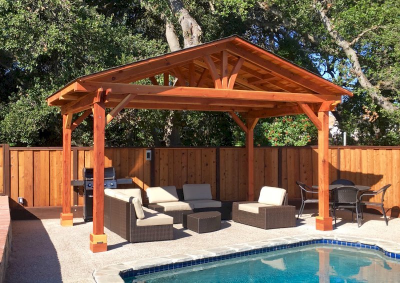 Del Norte Outdoor Kitchen Pavilion (Options: 11' L x 17' W, California Redwood, 4-Post Kit for Concrete, No Ceiling Fan Base, Transparent Premium Sealant). Roofing was still pending when shots taken just after assembly. Photo Courtesy of D. McCracken of Millbrae, CA. Del Norte Outdoor Kitchen Pavilion (Options: 11' L x 17' W, California Redwood, 4-Post Kit for Concrete, No Ceiling Fan Base, Transparent Premium Sealant). Roofing was still pending when shots taken just after assembly. Photo Courtesy of D. McCracken of Millbrae, CA.