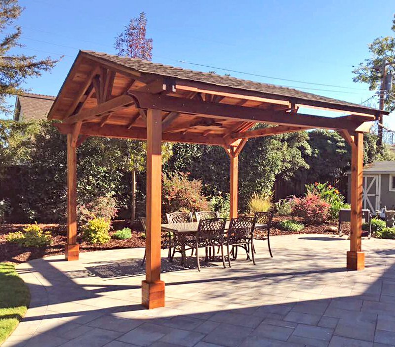 Del Norte Outdoor Kitchen Pavilion (Options: 16' L x 14' W, California Redwood, 4-Post Kit for Concrete, With 1 Ceiling Fan Base, Electrical Wiring Trim Kit for 1 Post, No Post Decorative Trim, Transparent Premium Sealant). Photo Courtesy of D. Stager of San Jose, CA. Del Norte Outdoor Kitchen Pavilion (Options: 16' L x 14' W, California Redwood, 4-Post Kit for Concrete, With 1 Ceiling Fan Base, Electrical Wiring Trim Kit for 1 Post, No Post Decorative Trim, Transparent Premium Sealant). Photo Courtesy of D. Stager of San Jose, CA.