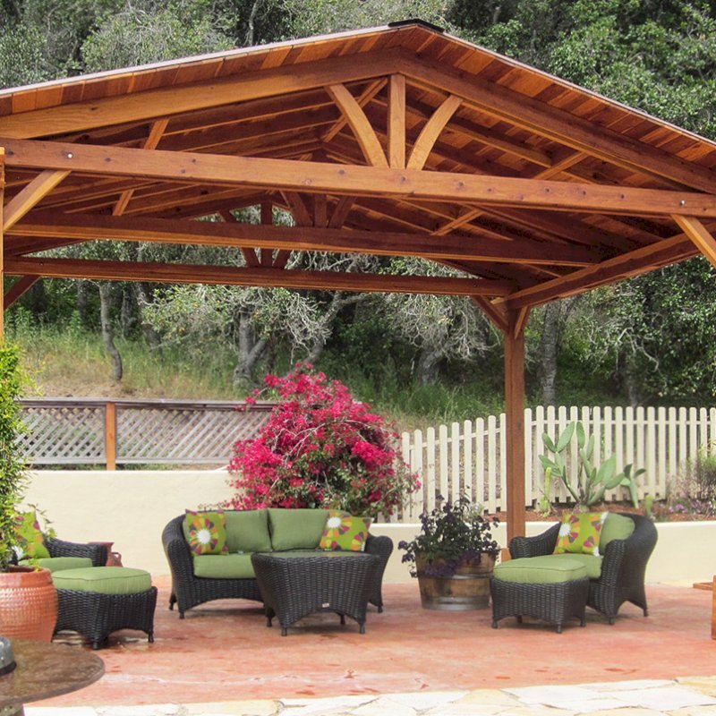 Del Norte Outdoor Kitchen Pavilion (Options: 14' L x 18' W, California Redwood, Unattached, 4-Post Kit for Hurricane, No Electrical Wiring Trim, 9.5' Posts, No Ceiling Fan Base, No Privacy Panels, No Curtain Rods, Transparent Premium Sealant). Photo Courtesy of Frank Giuliani of Watsonville, CA. Del Norte Outdoor Kitchen Pavilion (Options: 14' L x 18' W, California Redwood, Unattached, 4-Post Kit for Hurricane, No Electrical Wiring Trim, 9.5' Posts, No Ceiling Fan Base, No Privacy Panels, No Curtain Rods, Transparent Premium Sealant). Photo Courtesy of Frank Giuliani of Watsonville, CA.