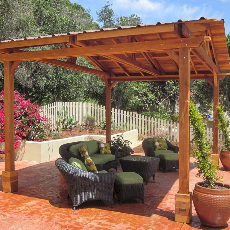 Del Norte Outdoor Kitchen Pavilion (Options: 14' L x 18' W, California Redwood, Unattached, 4-Post Kit for Hurricane, No Electrical Wiring Trim, 9.5' Posts, No Ceiling Fan Base, No Privacy Panels, No Curtain Rods, Transparent Premium Sealant). Photo Courtesy of Frank Giuliani of Watsonville, CA. Del Norte Outdoor Kitchen Pavilion (Options: 14' L x 18' W, California Redwood, Unattached, 4-Post Kit for Hurricane, No Electrical Wiring Trim, 9.5' Posts, No Ceiling Fan Base, No Privacy Panels, No Curtain Rods, Transparent Premium Sealant). Photo Courtesy of Frank Giuliani of Watsonville, CA.