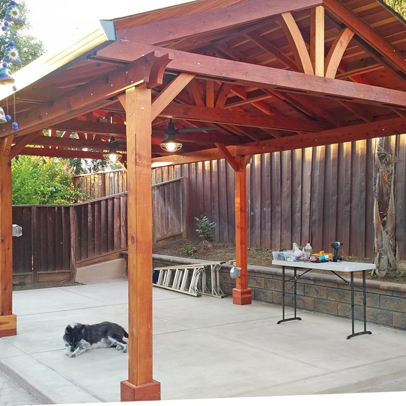 Del Norte Outdoor Kitchen Pavilion (Options: 25' L x 15' W, California Redwood, 6-Post Kit for Concrete, 2 Ceiling Fan Bases, Transparent Premium Sealant). Photo Courtesy of J. Gil of San Jose, CA. Del Norte Outdoor Kitchen Pavilion (Options: 25' L x 15' W, California Redwood, 6-Post Kit for Concrete, 2 Ceiling Fan Bases, Transparent Premium Sealant). Photo Courtesy of J. Gil of San Jose, CA.