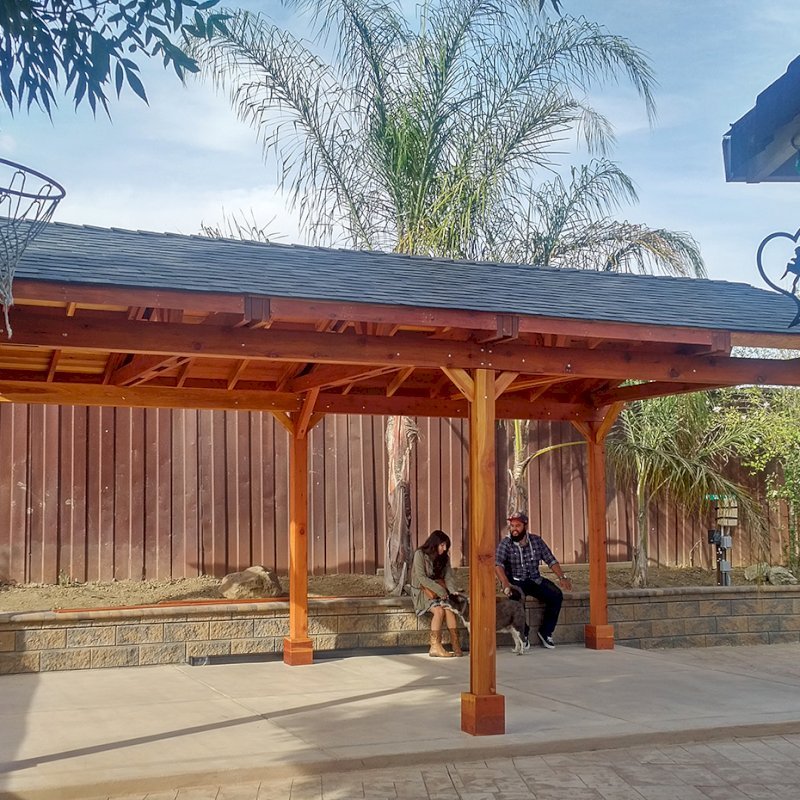 Del Norte Outdoor Kitchen Pavilion (Options: 25' L x 15' W, California Redwood, 6-Post Kit for Concrete, 2 Ceiling Fan Bases, Transparent Premium Sealant). Photo Courtesy of J. Gil of San Jose, CA. Del Norte Outdoor Kitchen Pavilion (Options: 25' L x 15' W, California Redwood, 6-Post Kit for Concrete, 2 Ceiling Fan Bases, Transparent Premium Sealant). Photo Courtesy of J. Gil of San Jose, CA.