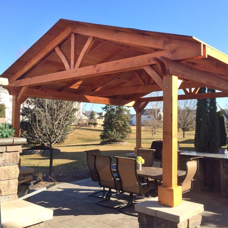 Del Norte Outdoor Kitchen Pavilion (Options: 14' L x 14' W, Douglas-fir, Posts Sitting Atop 33" H Columns, Transparent Premium Sealant). Photo Courtesy of Michael L. of S. Lyon, Michigan. Del Norte Outdoor Kitchen Pavilion (Options: 14' L x 14' W, Douglas-fir, Posts Sitting Atop 33" H Columns, Transparent Premium Sealant). Photo Courtesy of Michael L. of S. Lyon, Michigan.