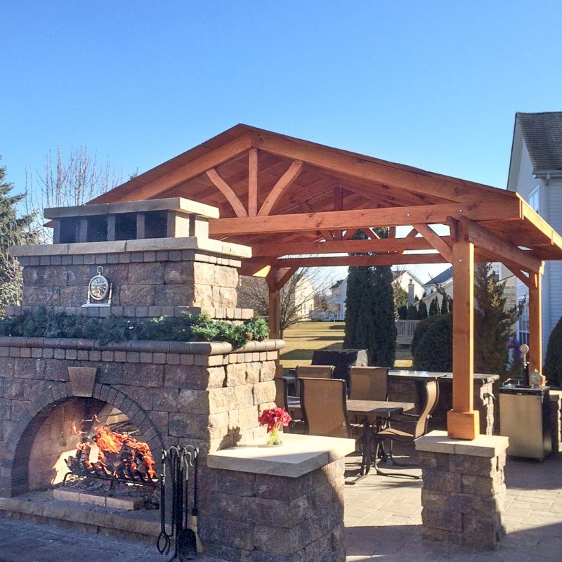 Del Norte Outdoor Kitchen Pavilion (Options: 14' L x 14' W, Douglas-fir, Posts Sitting Atop 33" H Columns, Transparent Premium Sealant). Photo Courtesy of Michael L. of S. Lyon, Michigan. Del Norte Outdoor Kitchen Pavilion (Options: 14' L x 14' W, Douglas-fir, Posts Sitting Atop 33" H Columns, Transparent Premium Sealant). Photo Courtesy of Michael L. of S. Lyon, Michigan.