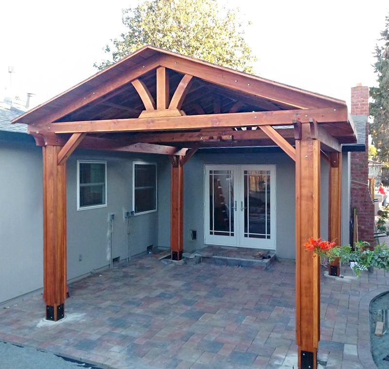 Del Norte Pavilion (Options: 16' L x 14' W, California Redwood, 4-Post Kit for Gale-Wind, With 1 Ceiling Fan Base, Electrical Wiring Trim Kit for 1 Post, Vertical Post Decorative Trims, Transparent Premium Sealant). Customer left the steel anchors exposed because was going to do masonry work around the base soon after this photo was taken. Photo Courtesy of L. Desprez of San Jose, CA. Del Norte Pavilion (Options: 16' L x 14' W, California Redwood, 4-Post Kit for Gale-Wind, With 1 Ceiling Fan Base, Electrical Wiring Trim Kit for 1 Post, Vertical Post Decorative Trims, Transparent Premium Sealant). Customer left the steel anchors exposed because was going to do masonry work around the base soon after this photo was taken. Photo Courtesy of L. Desprez of San Jose, CA.