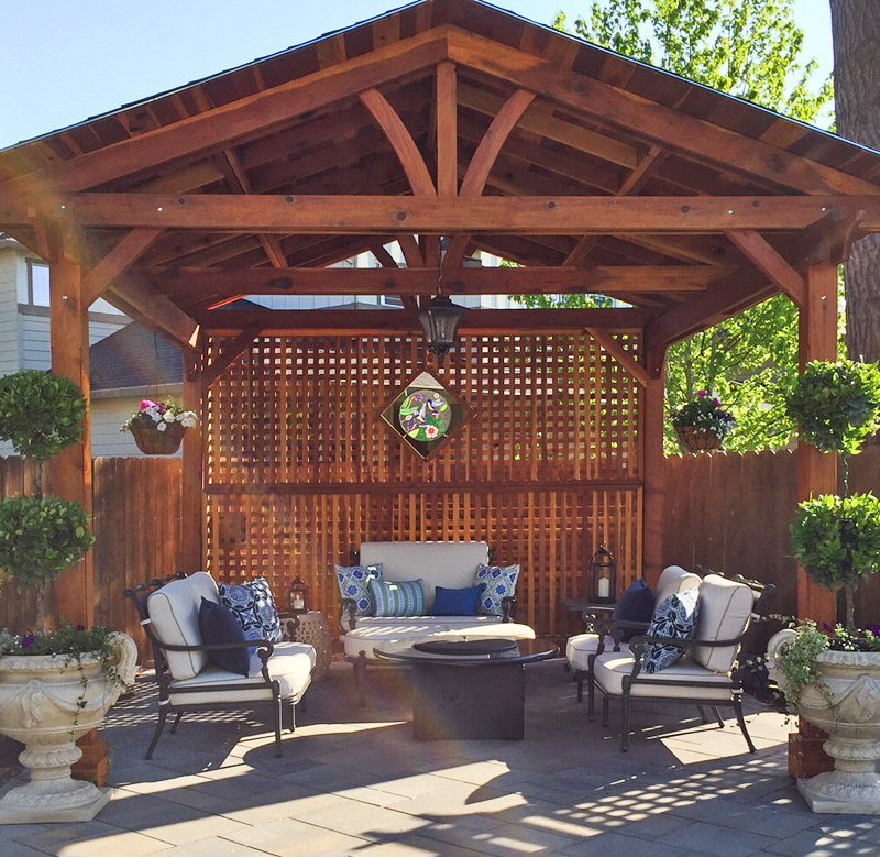 Del Norte Outdoor Kitchen Pavilion (Options: 14' L x 14' W, California Redwood, Unattached, 4-Post Kit for Concrete, Electrical Wiring Trim for 1 Post, 9' Posts, No Ceiling Fan Base, 2 Custom Privacy Panels, No Curtain Rods, Transparent Premium Sealant). Photo Courtesy of Michael Walti of Hillsboro, Oregon. Del Norte Outdoor Kitchen Pavilion (Options: 14' L x 14' W, California Redwood, Unattached, 4-Post Kit for Concrete, Electrical Wiring Trim for 1 Post, 9' Posts, No Ceiling Fan Base, 2 Custom Privacy Panels, No Curtain Rods, Transparent Premium Sealant). Photo Courtesy of Michael Walti of Hillsboro, Oregon.