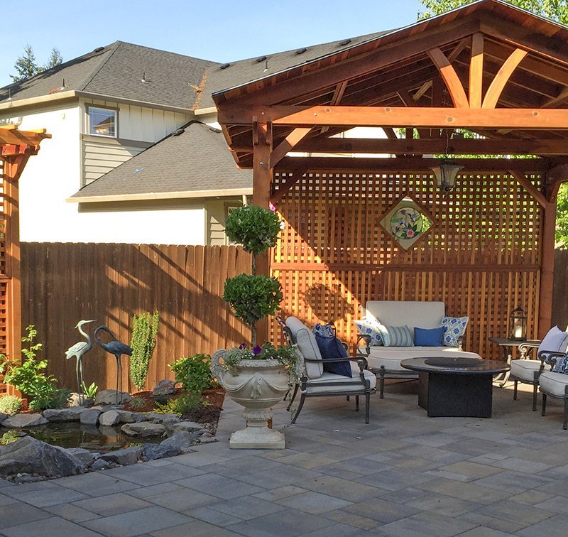 Del Norte Outdoor Kitchen Pavilion (Options: 14' L x 14' W, California Redwood, Unattached, 4-Post Kit for Concrete, Electrical Wiring Trim for 1 Post, 9' Posts, No Ceiling Fan Base, 2 Custom Privacy Panels, No Curtain Rods, Transparent Premium Sealant). Photo Also Shows a 2 Post Arbor with Custom Privacy Panels. Photo Courtesy of Michael Walti of Hillsboro, Oregon. Del Norte Outdoor Kitchen Pavilion (Options: 14' L x 14' W, California Redwood, Unattached, 4-Post Kit for Concrete, Electrical Wiring Trim for 1 Post, 9' Posts, No Ceiling Fan Base, 2 Custom Privacy Panels, No Curtain Rods, Transparent Premium Sealant). Photo Also Shows a 2 Post Arbor with Custom Privacy Panels. Photo Courtesy of Michael Walti of Hillsboro, Oregon.