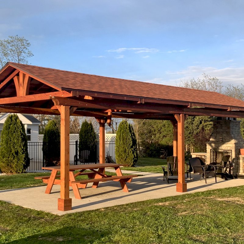 Del Norte Outdoor Kitchen Pavilion (Options: 30' L x 14' W, California Redwood, 6-Post Kit for Concrete, 1 Ceiling Fan Base, 2 Electrical Wiring Trim Kits, No Post Decorative Trims, Transparent Premium Sealant). Photo Also Shows a Forever Picnic Table. Photo Courtesy of M. Luebke of Front Royal, Virginia. Del Norte Outdoor Kitchen Pavilion (Options: 30' L x 14' W, California Redwood, 6-Post Kit for Concrete, 1 Ceiling Fan Base, 2 Electrical Wiring Trim Kits, No Post Decorative Trims, Transparent Premium Sealant). Photo Also Shows a Forever Picnic Table. Photo Courtesy of M. Luebke of Front Royal, Virginia.