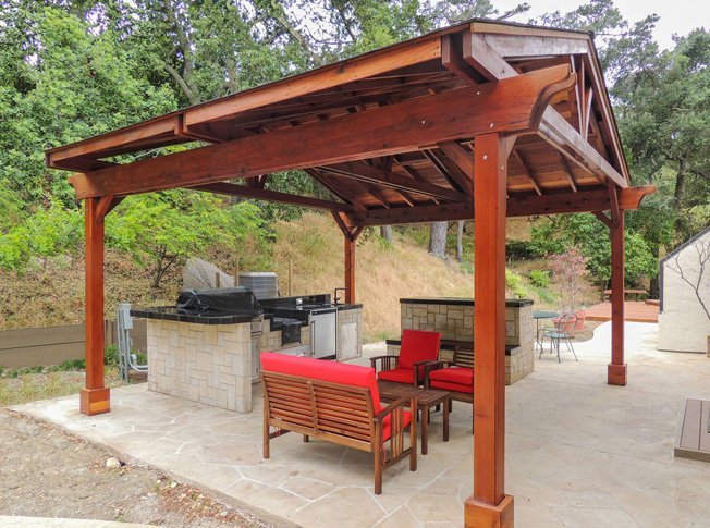 Del Norte Outdoor Kitchen Pavilion (Options: 18' L x 18' W, California Redwood, Unattached, 4 Post Anchor Kit for Stone, Brick or Concrete, No Electrical Wiring, 9 ft Post Height, No Privacy Panels, No Curtain Rods, Transparent Sealant). Del Norte Outdoor Kitchen Pavilion (Options: 18' L x 18' W, California Redwood, Unattached, 4 Post Anchor Kit for Stone, Brick or Concrete, No Electrical Wiring, 9 ft Post Height, No Privacy Panels, No Curtain Rods, Transparent Sealant).