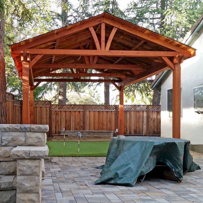 Del Norte Outdoor Kitchen Pavilion (Options: 26' L x 18' W, California Redwood, 4-Post Kit for Gale-Wind, 1 Ceiling Fan Base, Transparent Premium Sealant). Photo Courtesy of Scott Carper of San Jose, CA. Del Norte Outdoor Kitchen Pavilion (Options: 26' L x 18' W, California Redwood, 4-Post Kit for Gale-Wind, 1 Ceiling Fan Base, Transparent Premium Sealant). Photo Courtesy of Scott Carper of San Jose, CA.