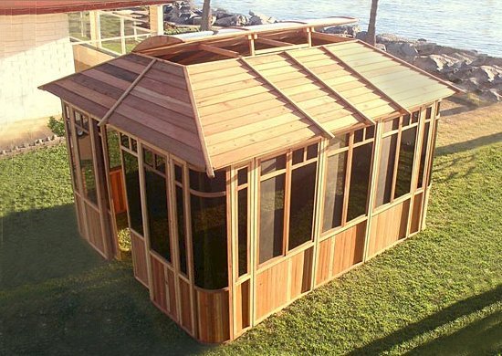 DIY Wood Gazebo (14' L, 12' W, California Redwood, Sliding Windows, 4' x 6' Skylight, 24" H Siding Below Windows, Vertical Siding, Japanese Doors, No Flooring, Transparent Premium Sealant). Custom detail: Roof overhang was minimized per customer request. DIY Wood Gazebo (14' L, 12' W, California Redwood, Sliding Windows, 4' x 6' Skylight, 24" H Siding Below Windows, Vertical Siding, Japanese Doors, No Flooring, Transparent Premium Sealant). Custom detail: Roof overhang was minimized per customer request.