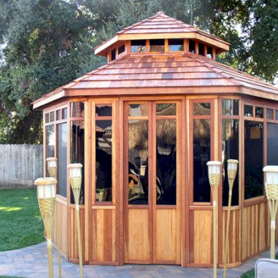 Don's Hexagonal Gazebo Kit (Options: 12' Diameter, California Redwood, 24" Siding Below Windows, Japanese Doors, No Flooring, Shingle Roof, Transparent Premium Sealant).