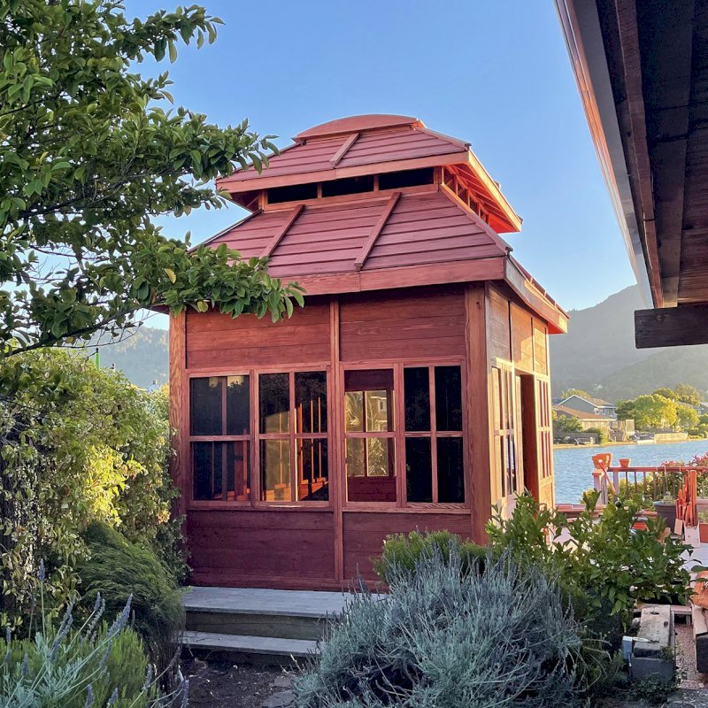 Dream Gazebos (Options: 9 ft Wall Height, 10' L, 14' W, Douglas-fir, All Sliding Windows with Screens, 4' x 6' Skylight, 36" H Siding Below Windows, Horizontal Siding, Japanese Doors with Screens, Complete Floor, Shiplap Roof, Cherry Stain Premium Sealant). Photo Courtesy of B. Victor of Larkspur, California. Dream Gazebos (Options: 9 ft Wall Height, 10' L, 14' W, Douglas-fir, All Sliding Windows with Screens, 4' x 6' Skylight, 36" H Siding Below Windows, Horizontal Siding, Japanese Doors with Screens, Complete Floor, Shiplap Roof, Cherry Stain Premium Sealant). Photo Courtesy of B. Victor of Larkspur, California.