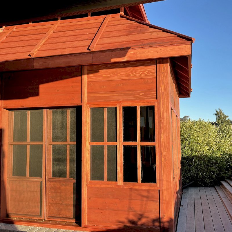 Dream Gazebos (Options: 9 ft Wall Height, 10' L, 14' W, Douglas-fir, All Sliding Windows with Screens, 4' x 6' Skylight, 36" H Siding Below Windows, Horizontal Siding, Japanese Doors with Screens, Complete Floor, Shiplap Roof, Cherry Stain Premium Sealant). Photo Courtesy of B. Victor of Larkspur, California. Dream Gazebos (Options: 9 ft Wall Height, 10' L, 14' W, Douglas-fir, All Sliding Windows with Screens, 4' x 6' Skylight, 36" H Siding Below Windows, Horizontal Siding, Japanese Doors with Screens, Complete Floor, Shiplap Roof, Cherry Stain Premium Sealant). Photo Courtesy of B. Victor of Larkspur, California.