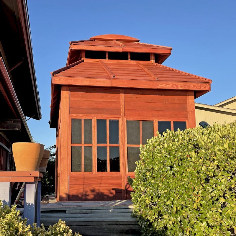 Dream Gazebos (Options: 9 ft Wall Height, 10' L, 14' W, Douglas-fir, All Sliding Windows with Screens, 4' x 6' Skylight, 36" H Siding Below Windows, Horizontal Siding, Japanese Doors with Screens, Complete Floor, Shiplap Roof, Cherry Stain Premium Sealant). Photo Courtesy of B. Victor of Larkspur, California. Dream Gazebos (Options: 9 ft Wall Height, 10' L, 14' W, Douglas-fir, All Sliding Windows with Screens, 4' x 6' Skylight, 36" H Siding Below Windows, Horizontal Siding, Japanese Doors with Screens, Complete Floor, Shiplap Roof, Cherry Stain Premium Sealant). Photo Courtesy of B. Victor of Larkspur, California.