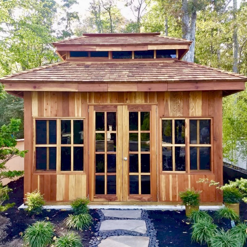 Dream Gazebos (Options: 7ft Wall Height, 14' L, 12' W, California Redwood, All Fixed Windows, All Without Skylight, Vertical Siding, French Doors without Screens, Complete Floor, Set of Shingles, Transparent Premium Sealant). Photo Courtesy of M. Trunk of Monroeville, New Jersey. Dream Gazebos (Options: 7ft Wall Height, 14' L, 12' W, California Redwood, All Fixed Windows, All Without Skylight, Vertical Siding, French Doors without Screens, Complete Floor, Set of Shingles, Transparent Premium Sealant). Photo Courtesy of M. Trunk of Monroeville, New Jersey.