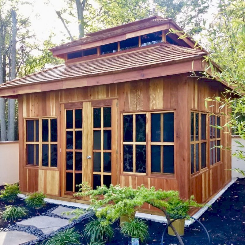 Dream Gazebos (Options: 7ft Wall Height, 14' L, 12' W, California Redwood, All Fixed Windows, All Without Skylight, Vertical Siding, French Doors without Screens, Complete Floor, Set of Shingles, Transparent Premium Sealant). Photo Courtesy of M. Trunk of Monroeville, New Jersey. Dream Gazebos (Options: 7ft Wall Height, 14' L, 12' W, California Redwood, All Fixed Windows, All Without Skylight, Vertical Siding, French Doors without Screens, Complete Floor, Set of Shingles, Transparent Premium Sealant). Photo Courtesy of M. Trunk of Monroeville, New Jersey.