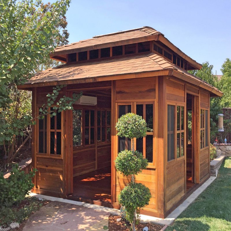 Dream Gazebos (Options: 7ft Wall Height, 10' L, 12' W, California Redwood, All Sliding Windows with Screens, 4' x 4' Skylight, 30" H Siding Below Windows, Horizontal Siding, Japanese Doors, Complete Floor, Set of Shingles, Transparent Premium Sealant). Photo Courtesy of Yvonne Bannister of Morgan Hill, CA Dream Gazebos (Options: 7ft Wall Height, 10' L, 12' W, California Redwood, All Sliding Windows with Screens, 4' x 4' Skylight, 30" H Siding Below Windows, Horizontal Siding, Japanese Doors, Complete Floor, Set of Shingles, Transparent Premium Sealant). Photo Courtesy of Yvonne Bannister of Morgan Hill, CA