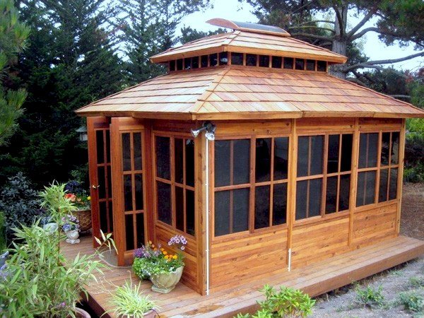 Dream Gazebos (Options: 7ft Wall Height, 14' L, 12' W, Mature Redwood, All Sliding Windows with Screens, 4' x 6' Skylight, 24" H Siding Below Windows, Horizontal Siding, French Doors, Complete Floor, Set of Shingles, Transparent Premium Sealant). Dream Gazebos (Options: 7ft Wall Height, 14' L, 12' W, Mature Redwood, All Sliding Windows with Screens, 4' x 6' Skylight, 24" H Siding Below Windows, Horizontal Siding, French Doors, Complete Floor, Set of Shingles, Transparent Premium Sealant).