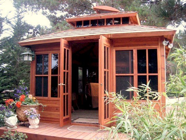 Dream Gazebos (Options: 7ft Wall Height, 14' L, 12' W, Mature Redwood, All Sliding Windows with Screens, 4' x 6' Skylight, 24" H Siding Below Windows, Horizontal Siding, French Doors, Complete Floor, Set of Shingles, Transparent Premium Sealant). Lighting not included. Dream Gazebos (Options: 7ft Wall Height, 14' L, 12' W, Mature Redwood, All Sliding Windows with Screens, 4' x 6' Skylight, 24" H Siding Below Windows, Horizontal Siding, French Doors, Complete Floor, Set of Shingles, Transparent Premium Sealant). Lighting not included.