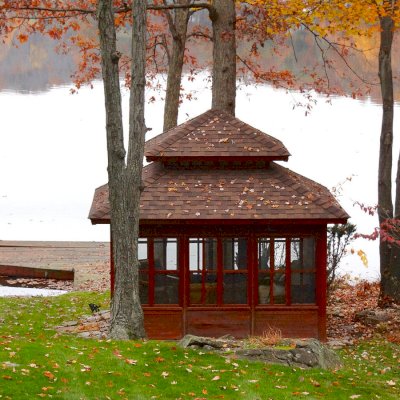 Dream Gazebos (Options: 7ft Wall Height, 10' L, 14' W, Mature Redwood, All Sliding Windows with Screens, Without Skylight, 24" H Siding Below Windows, Horizontal Siding, French Doors, Complete Floor, Set of Shingles, Transparent Premium Sealant). Photo Courtesy of Gail Edelman of Rockaway NJ.