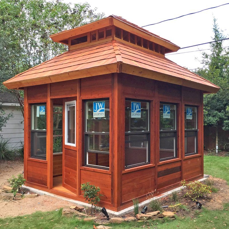 Dream Gazebos (Options: 7ft Wall Height, 10' L, 12' W, Mature Redwood, Double Paned Glass Windows by Custom Request, Horizontal Siding with Interior Insulation, Custom Doors, Complete Floor, Set of Shingles, Transparent Premium Sealant). Photo Courtesy of D. Belisle of Houston, TX. Dream Gazebos (Options: 7ft Wall Height, 10' L, 12' W, Mature Redwood, Double Paned Glass Windows by Custom Request, Horizontal Siding with Interior Insulation, Custom Doors, Complete Floor, Set of Shingles, Transparent Premium Sealant). Photo Courtesy of D. Belisle of Houston, TX.