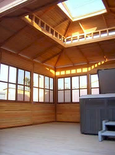 Dream Gazebos (Options: 7ft Wall Height, 16' L x 16' W, Douglas-fir, All Fixed Windows, 4' x 6' Skylight, 24" H Siding Below Windows, Horizontal Siding, Standard Roof, Transparent Premium Sealant). Flooring was shipped unfinished so customer can add his desired floor sealant. Hot tub and steps not included. Dream Gazebos (Options: 7ft Wall Height, 16' L x 16' W, Douglas-fir, All Fixed Windows, 4' x 6' Skylight, 24" H Siding Below Windows, Horizontal Siding, Standard Roof, Transparent Premium Sealant). Flooring was shipped unfinished so customer can add his desired floor sealant. Hot tub and steps not included.