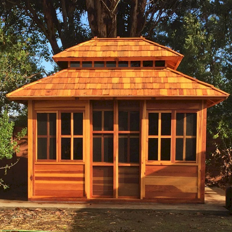 Dream Gazebos (Options: 7ft Wall Height, 12' L, 10' W, California Redwood, All Sliding Windows with Screens, 4' x 4' Skylight, 30" H Siding Below Windows, Horizontal Siding, Japanese Doors, Complete Floor, Set of Shingles, Transparent Premium Sealant). Photo Courtesy of Tina Phi of Palo Alto, CA. Dream Gazebos (Options: 7ft Wall Height, 12' L, 10' W, California Redwood, All Sliding Windows with Screens, 4' x 4' Skylight, 30" H Siding Below Windows, Horizontal Siding, Japanese Doors, Complete Floor, Set of Shingles, Transparent Premium Sealant). Photo Courtesy of Tina Phi of Palo Alto, CA.