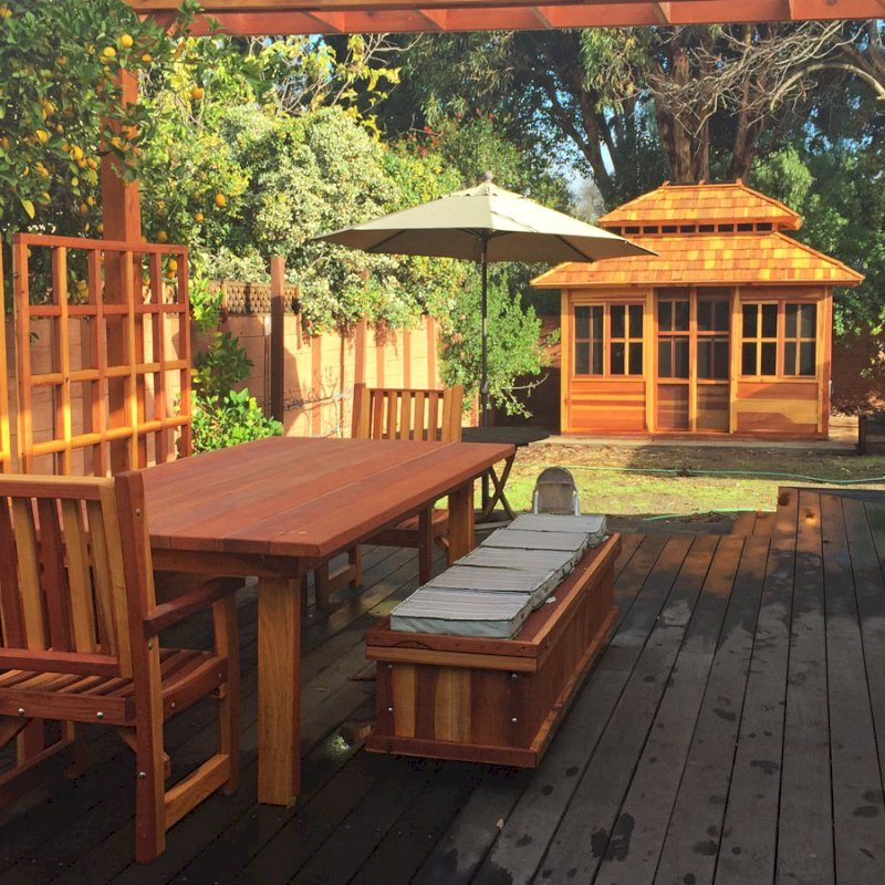 Dream Gazebos (Options: 7ft Wall Height, 12' L, 10' W, California Redwood, All Sliding Windows with Screens, 4' x 4' Skylight, 30" H Siding Below Windows, Horizontal Siding, Japanese Doors, Complete Floor, Set of Shingles, Transparent Premium Sealant). Photo also shows a San Francisco Patio Table with 2 Ruth Chairs, a Storage Bench and Mendocino Planters with Trellises. Photo Courtesy of Tina Phi of Palo Alto, CA. Dream Gazebos (Options: 7ft Wall Height, 12' L, 10' W, California Redwood, All Sliding Windows with Screens, 4' x 4' Skylight, 30" H Siding Below Windows, Horizontal Siding, Japanese Doors, Complete Floor, Set of Shingles, Transparent Premium Sealant). Photo also shows a San Francisco Patio Table with 2 Ruth Chairs, a Storage Bench and Mendocino Planters with Trellises. Photo Courtesy of Tina Phi of Palo Alto, CA.