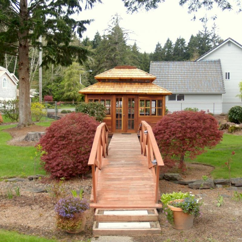 Dream Gazebos (Options: 7ft Wall Height, 14' L, 14' W, California Redwood, All Sliding Windows with Screens, 4' x 4' Skylight, 24" H Siding Below Windows, Horizontal Siding, French Doors, Complete Floor, Set of Shingles, Transparent Premium Sealant). Photo Courtesy of Mr. Randy Frank of Seaside, OR. Dream Gazebos (Options: 7ft Wall Height, 14' L, 14' W, California Redwood, All Sliding Windows with Screens, 4' x 4' Skylight, 24" H Siding Below Windows, Horizontal Siding, French Doors, Complete Floor, Set of Shingles, Transparent Premium Sealant). Photo Courtesy of Mr. Randy Frank of Seaside, OR.