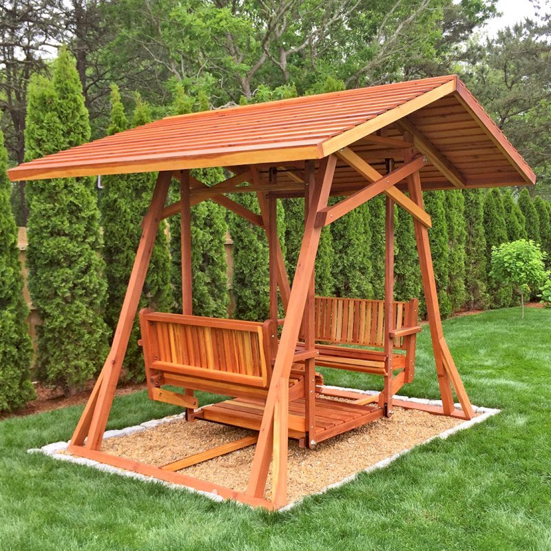 Dustin's Face to Face Gliders (Options: California Redwood, XW Roof, Without Beverage Armrest, No Kid's Platform, No Engraving, Transparent Premium Sealant). Photo Courtesy of C. Clairmont of Edgartown, Massachusetts. Dustin's Face to Face Gliders (Options: California Redwood, XW Roof, Without Beverage Armrest, No Kid's Platform, No Engraving, Transparent Premium Sealant). Photo Courtesy of C. Clairmont of Edgartown, Massachusetts.