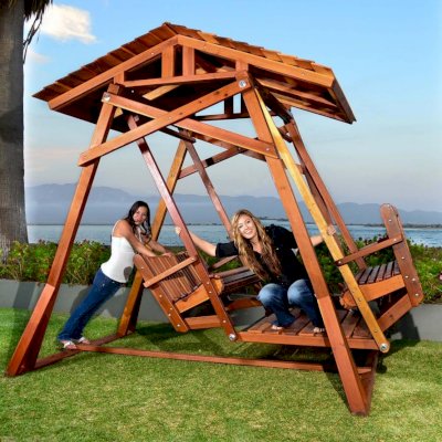 Dustin's Face to Face Gliders (Options: California Redwood, Standard Roof, Without Beverage Armrest, No Kid's Platform, No Engraving, Transparent Premium Sealant). 