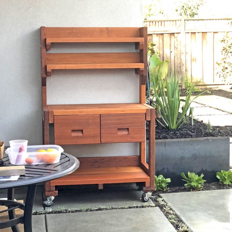 Eli's Redwood Potting Bench (Options: Standard Size, Mature Redwood, Casters, 2 Shelves, No Fold Down Sides, No Copper Inset, No Engraving, No Removable Lid, Transparent Premium Sealant). Photo Courtesy of B. Marinaro of Palo Alto, CA. Eli's Redwood Potting Bench (Options: Standard Size, Mature Redwood, Casters, 2 Shelves, No Fold Down Sides, No Copper Inset, No Engraving, No Removable Lid, Transparent Premium Sealant). Photo Courtesy of B. Marinaro of Palo Alto, CA.