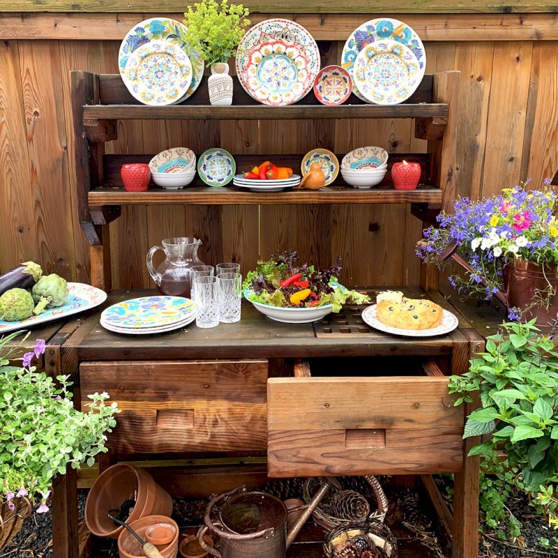 Eli's Redwood Potting Bench (Options: Large Size, California Redwood, No Casters, 2 Shelves, Both Sides Fold Down, Copper Inset for Right Drawer, No Engraving, Removable Slatted Lid Over Right Drawer, Transparent Premium Sealant). Photo Courtesy of M. Cooke of Westchester, IL. Eli's Redwood Potting Bench (Options: Large Size, California Redwood, No Casters, 2 Shelves, Both Sides Fold Down, Copper Inset for Right Drawer, No Engraving, Removable Slatted Lid Over Right Drawer, Transparent Premium Sealant). Photo Courtesy of M. Cooke of Westchester, IL.