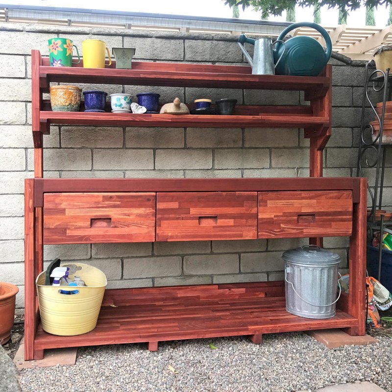 Eli's Redwood Potting Bench (Options: XXL Size, Mosaic Eco-Wood, No Casters, No Fold Down Sides, No Cooper Inset, With Two Shelves, Removable Lids Over Right Drawer, Transparent Premium Sealant). Photo Courtesy of W. Courey of Rancho Cucamonga, California. Eli's Redwood Potting Bench (Options: XXL Size, Mosaic Eco-Wood, No Casters, No Fold Down Sides, No Cooper Inset, With Two Shelves, Removable Lids Over Right Drawer, Transparent Premium Sealant). Photo Courtesy of W. Courey of Rancho Cucamonga, California.