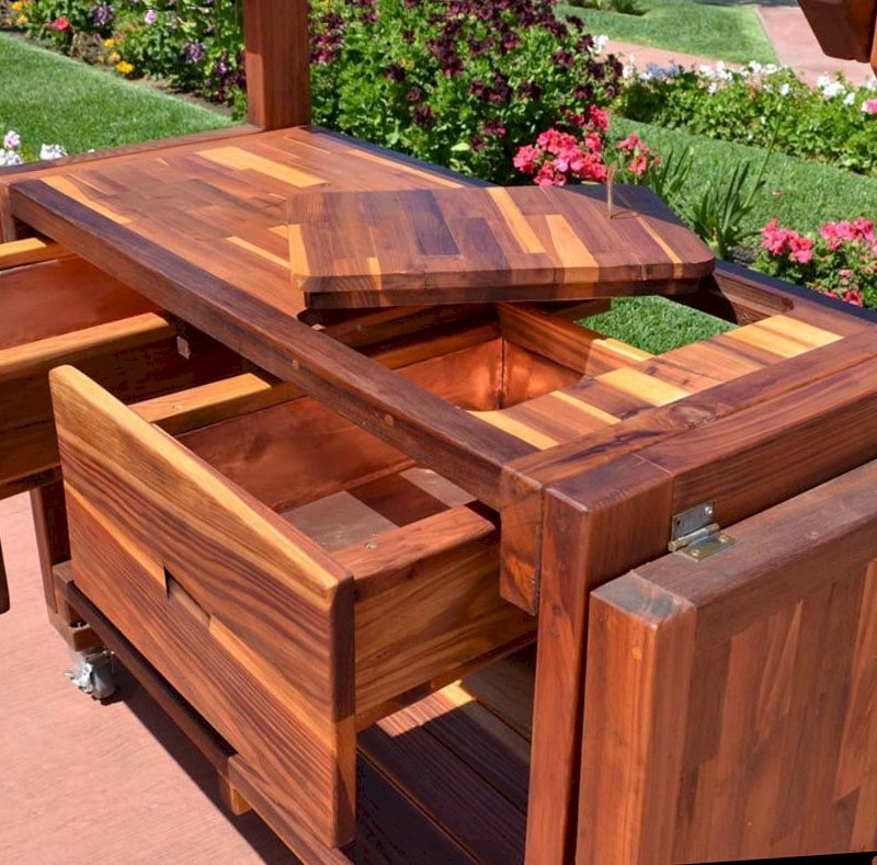 Eli's Redwood Potting Bench (Options: Large Size, California Redwood, Casters, 2 Shelves, Both Sides Fold Down, Copper Insets for Both Drawers, No Engraving, Removable Lid for Right Drawer, Transparent Premium Sealant). Eli's Redwood Potting Bench (Options: Large Size, California Redwood, Casters, 2 Shelves, Both Sides Fold Down, Copper Insets for Both Drawers, No Engraving, Removable Lid for Right Drawer, Transparent Premium Sealant).